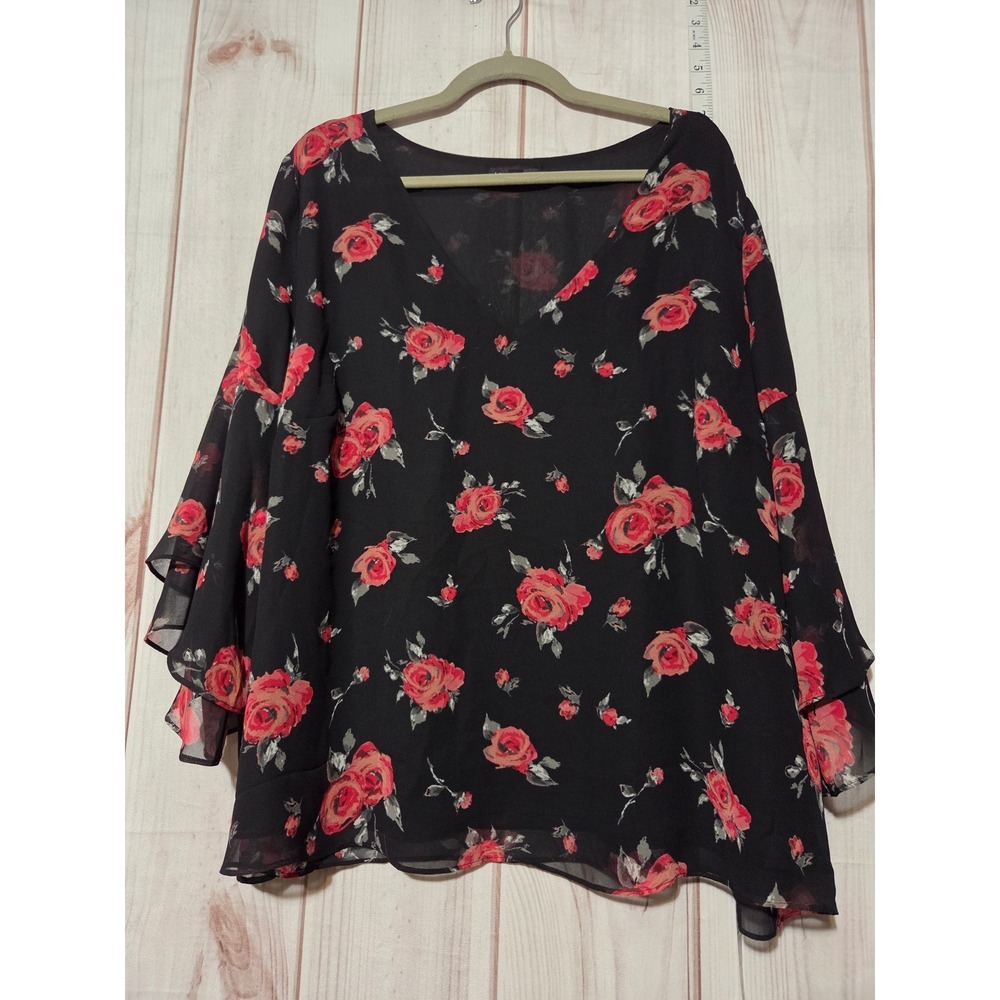 Ladies 22 Black Floral Sheer Long Sleeve Flowy‎ Top Blouse Romantic Chiffon